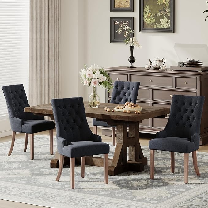 COLAMY Wingback Upholstered Side Dining Room Chairs Set of 4, Fabric Dining Chairs with Tufted Button, Living Room Chairs for Home Kitchen, Black