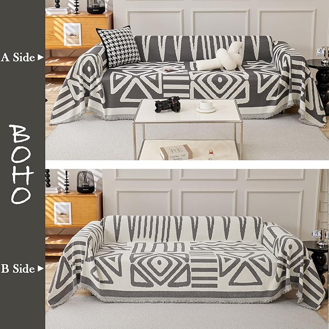HANDONTIME Reversible Sofa Cover Boho Geometric Couch Cover for Dogs Dark Grey Couches Covers Washable Chenille Couch Covers for 3 Cushion Couch Pet Friendly Furniture Protector for Pets, 71" X134"