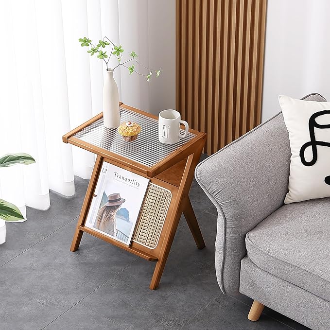 Tiita Rattan Nightstand Side Table, Bamboo Accent Bedside Tables, Glass Coffee Tables, Boho Wooden End Table with Storage for Small Space, Living Room and Bedroom