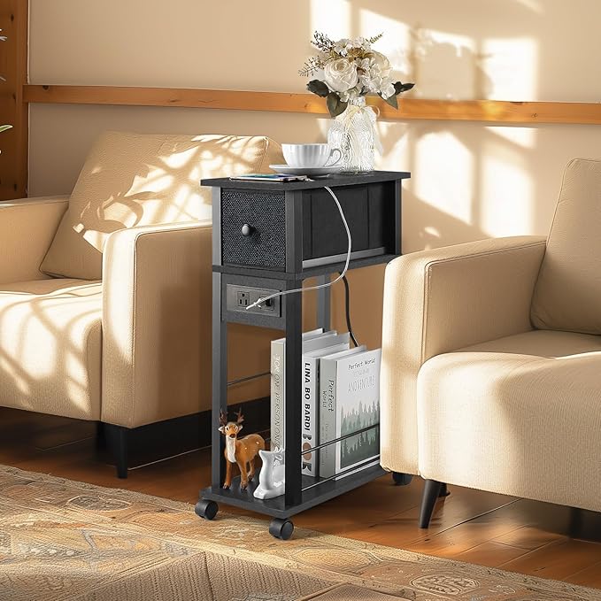 Side Table Set of 2,Side Table with Charging Station and Drawer, Narrow End Table with USB Ports and Outlets for Small Space, Living Room, Bedroom and Office, with 4 Wheels