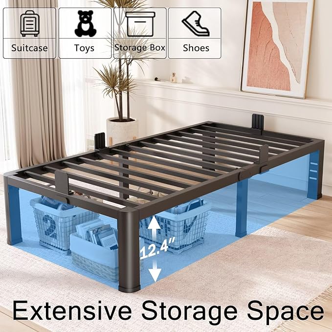 FUIOBYVV 14 Inch Twin XL Bed Frame with Rounded Corner and Headboard Hole Mattress Retainers 3500 LBS Metal Heavy Duty Steel Slats Support No Box Spring Needed Platform Noise Free Easy Assembly