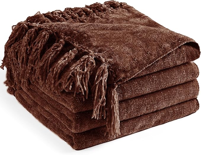 Chenille Throw Blanket for Couch 50"X 60", Soft Cozy Throws with Fringe Tassel for Bed Sofa Chair Cover, Lightweight Knitted Decorative Boho Blankets for Living Room, Dark Brown