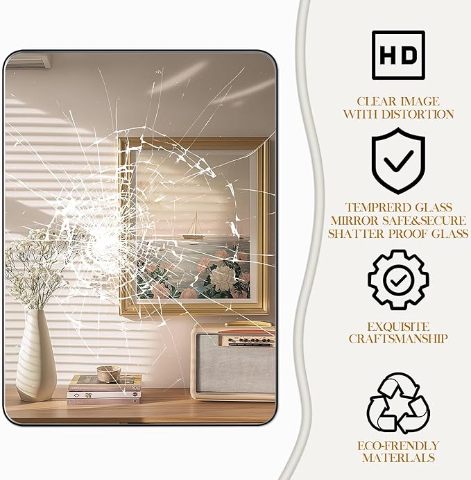 Fun Memories Wall Mirror for Bathroom, 40x32 Inch Black Bathroom Mirror, Rectangular Wall Mounted Decorativ, Rounded Corner, Aluminum Alloy Frame, Farmhouse, Hangs Horizontal or Vertical