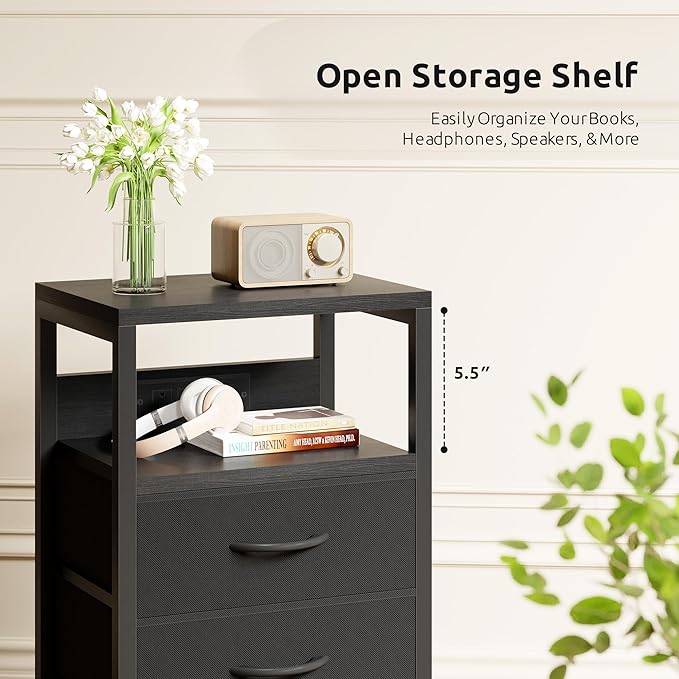 NightStand Bedside Charging Table Bedroom - Night Stand with Charger Station, Black Modern Bed Side End Table with Open Shelf & 3 Fabric Drawers, USB-C USB Ports & AC Outlets for Dorm, Living Room