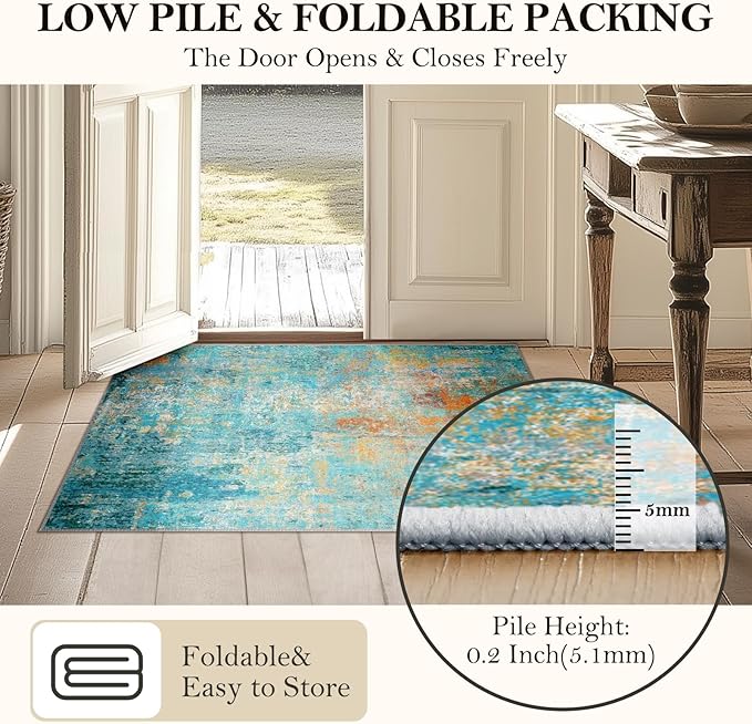 Washable Area Rugs 6'x9' Non-Slip Modern Abstract Soft for Living Room Entryway Bedroom Nursery, Print Pattern, Teal Blue Green Orange Rust Red Colorful
