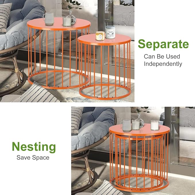 SUNNYPARK Outdoor Side Table Set of 2, Metal Circle Accent End Tables for Balcony Backyard Garden Indoor Living Room, Durable Black Nesting Coffee Tables, 20”+16” Dia