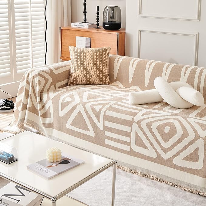 VM VOUGEMARKET Boho Couch Cover for 2 Cushion Chenille Sofa Cover Dog Proof Geometric Loveseat Sofa Slipcover L Shaped Sofa Furniture Protector with Tassels Sectional Couch Cover-71 x 118,Khaki