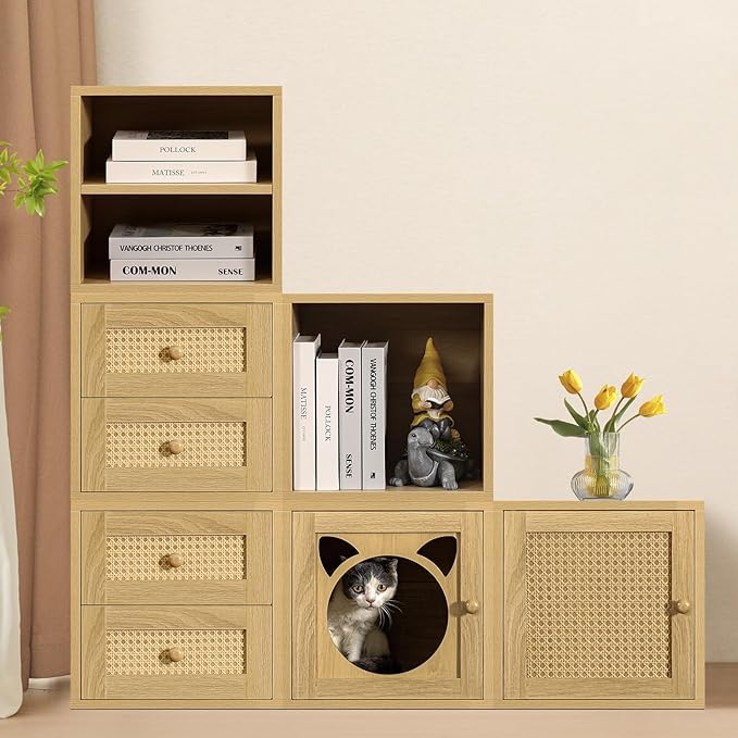 Magic DIY Cube Storage Organizer Stackable Cubes for Home Books Clothes Toy -Modular Cubby Storage System -Closet Organizer -Bookcase Closet(Yellow Oak,Cat Door Cube)