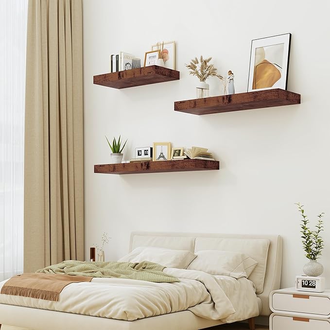 12" Deep Rustic Brown Floating Shelves,Over Toilet Long Wall Mounted Modern Farmhouse 36 inches,Wall Shelves with Invisible Brackets for Bedroom, Bathroom, Living Room, Kitchen, Set of 1
