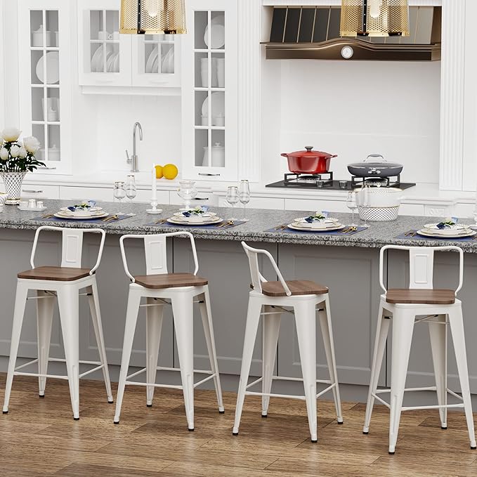 24 Inch Swivel Bar Stools Set of 4 with Backs Counter Height Industrial Metal Barstools Island Bar Chairs for Home Kitchen Dining Room (Swivel 24 inch, White Wooden)