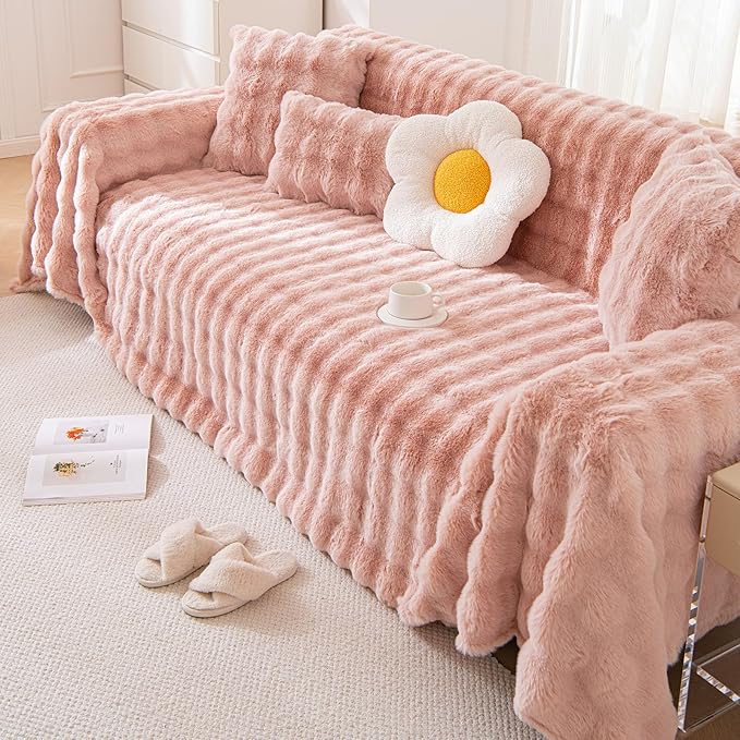 VM VOUGEMARKET Plush Couch Cover 1-Piece Thick Faux Rabbit Fur Sofa Throw Cover Warm Soft Smooth Furniture Cover,Fluffy Puffy Sofa Slipcover for Kids,Pets-Pink,71" x 118"