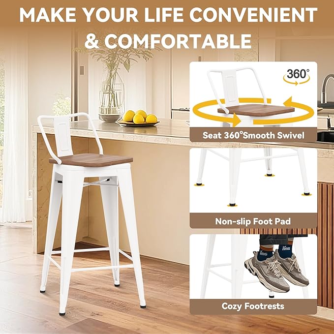 30 Inch Swivel Bar Stools Set of 4 with Backs Counter Height Industrial Metal Barstools Island Bar Chairs for Home Kitchen Dining Room (Swivel 30 inch, White Wooden)