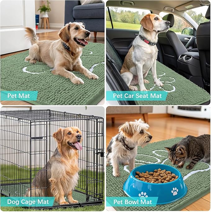 OLANLY Door Mat for Muddy Dog Paws 30x20, Absorbent Chenille Doormat with Paw Print Design, Non-Slip Washable Doormat for Indoor Entryway, Quick-Dry Pet Bed Mats for Dirty Dogs, Olive Green and White