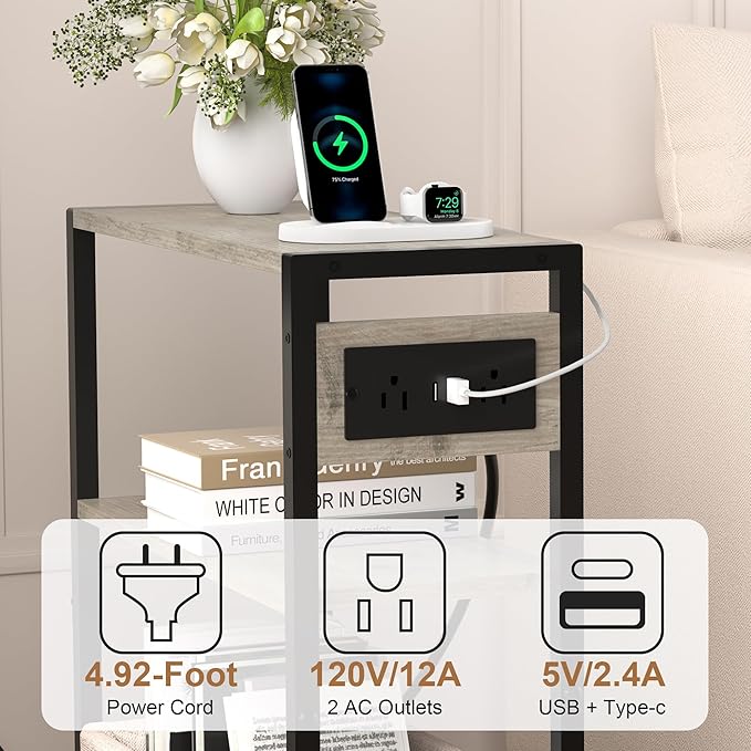Small Narrow Side Table with Charging Station, Skinny End Table for Small Spaces, Slim Nightstand with Outlets, Sofa Bedside Table in Living Room, Bedroom, Kitchen and Balcony (Greige)