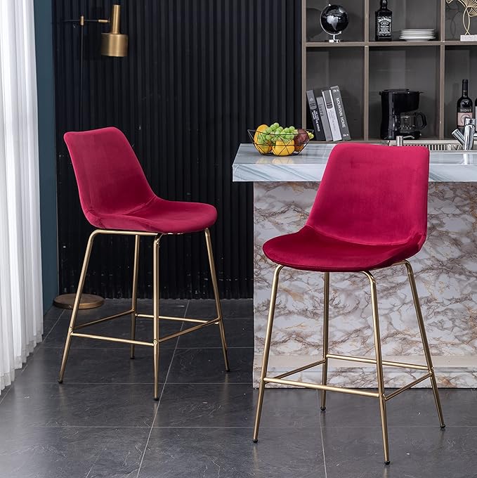 Roundhill Furniture Aufurr Modern Velvet 26.50 Counter Height Stools, Set of 2, Red