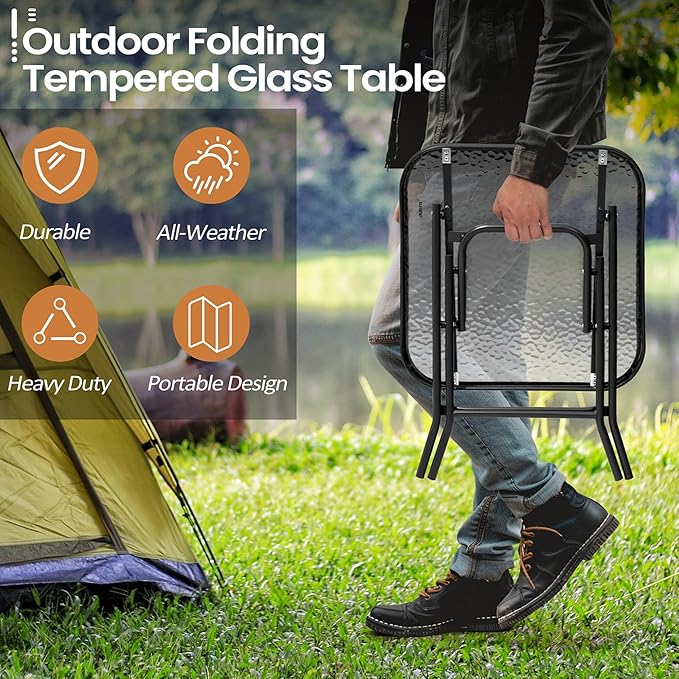Foldable Outdoor Side Table with Tempered Glass Top Square 18" Folding Patio Side Table Small Glass End Tables for Patio Porch Yard Balcony Deck Lawn Dining Garden (Black)