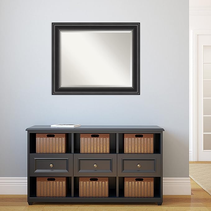 Amanti Art Black Bathroom Mirror for Over Sink, 28x34 Ridge Black Rectangle Vanity Mirror, Large Traditional Frame, Hangs Horizonally and Vertically, Bathroom Wall Decor, Beveled Edge