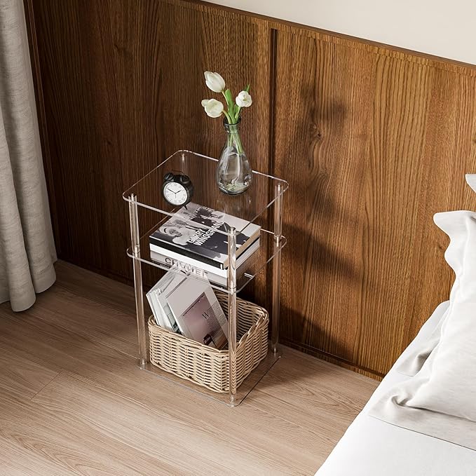 HMYHUM Acrylic Side Table for Small Spaces, 14" L x 11.5" W x 23.2" H, Nightstand/Bedside Table, Home Accent End Table for Living Room, Bedroom, 3 Tier, Clear