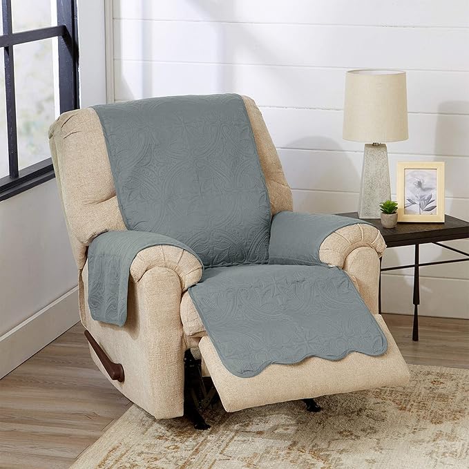 Medallion Stitched Solid Furniture Protector Stain Resistant Durable Furniture Protector Elenor Collection (Recliner, Mirage Gray/Flax)