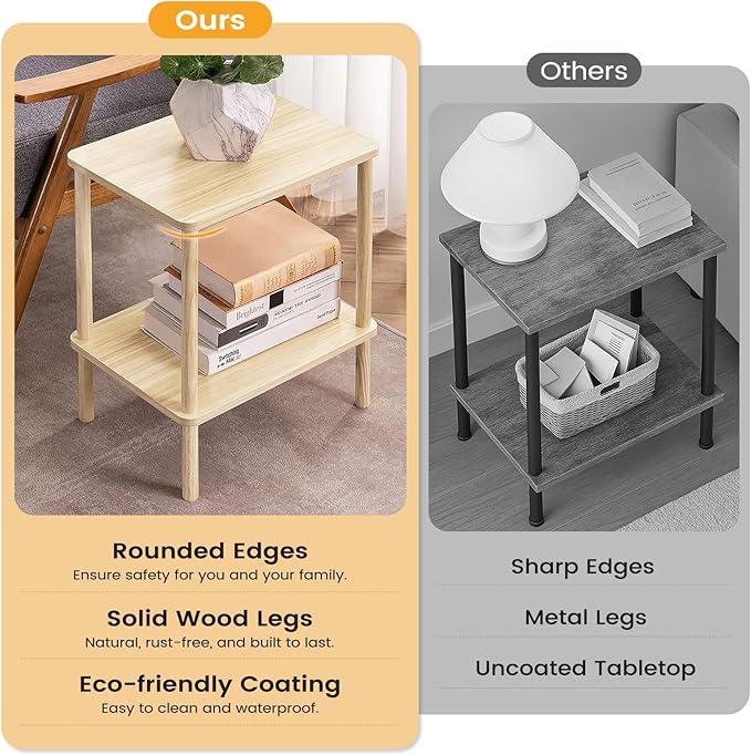 Apicizon 2 Tier End Table, Small Side Table with Solid Wood Legs, Boho Bedside Table with Storage Shelf, Nightstand for Small Spaces, Bedroom, Living Room, Entryway, Easy Assembly, Light Natural