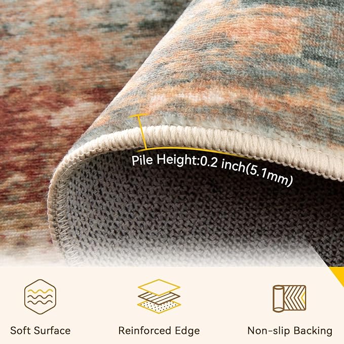 Washable Area Rugs 5'x7' Non-Slip Modern Abstract Soft for Living Room Entryway Bedroom Nursery, Print Pattern, Brown Rust Red Multi