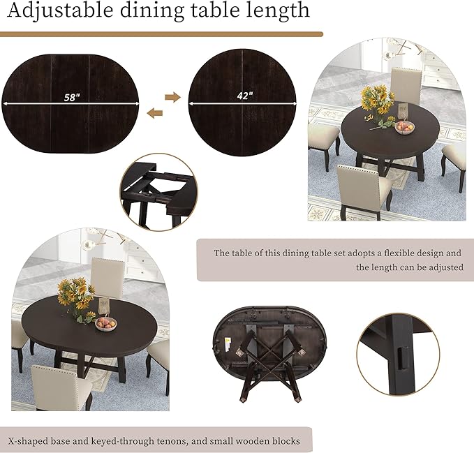 Ball & Cast 5 Piece Dining Table Set with 4 Upholstered Curved Legs Chairs,Living Room Furniture W/ 43" Round Extendable Desk,for Restaurant,Home Bistro,Espresso