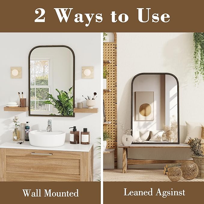 Axeman 22x30 Rounded Rectangular Wall Mirror, Decorative Bathroom Mirror, Traditional Vintage Wall Mounted Mirror with Beaded Frame for Accent Living Room Vanity Bedroom Entryway, Black