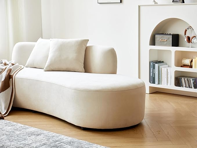 Container Furniture Direct 90" Curved Sofa with Throw Pillows, 4 Seater Luxury Velvet Couch with Half Moon Design and High-Density Foam, Ideal for Modern Living Room, Office & Apartment, Ivory
