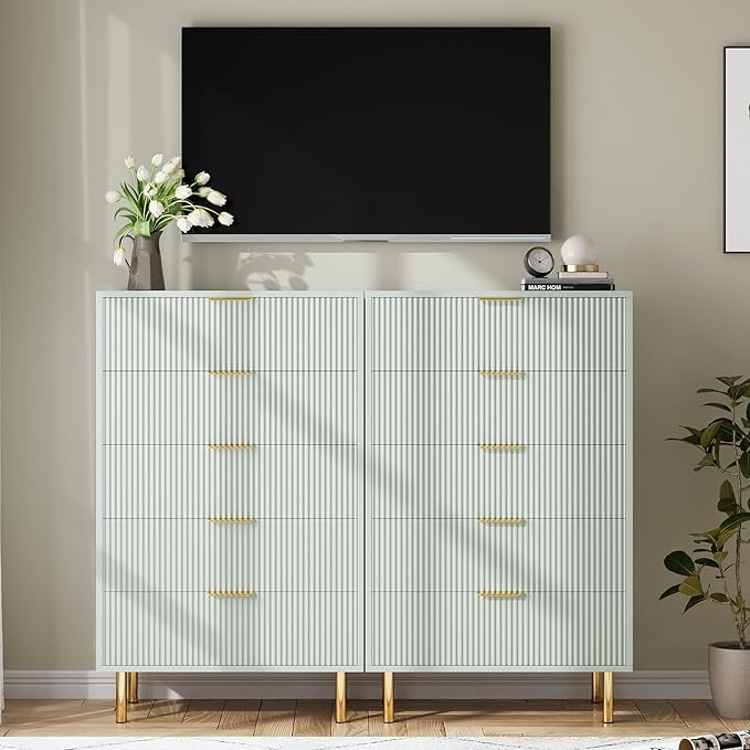 Green Dresser, Modern 5 Drawer Dresser for Bedroom with Gold Handle and Large Drawer, Wood Double Chest of Drawers and Storage Organizer for Living Room, Hallway, Entryway