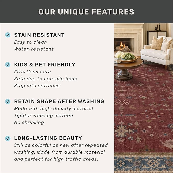 6x9 Dining Room Rugs for Under Table - Vintage Burgundy Boho Living Room Rug, Lightweight Washable Foldable Low Pile Carpet,Southwestern Bed Room Décor Aesthetic