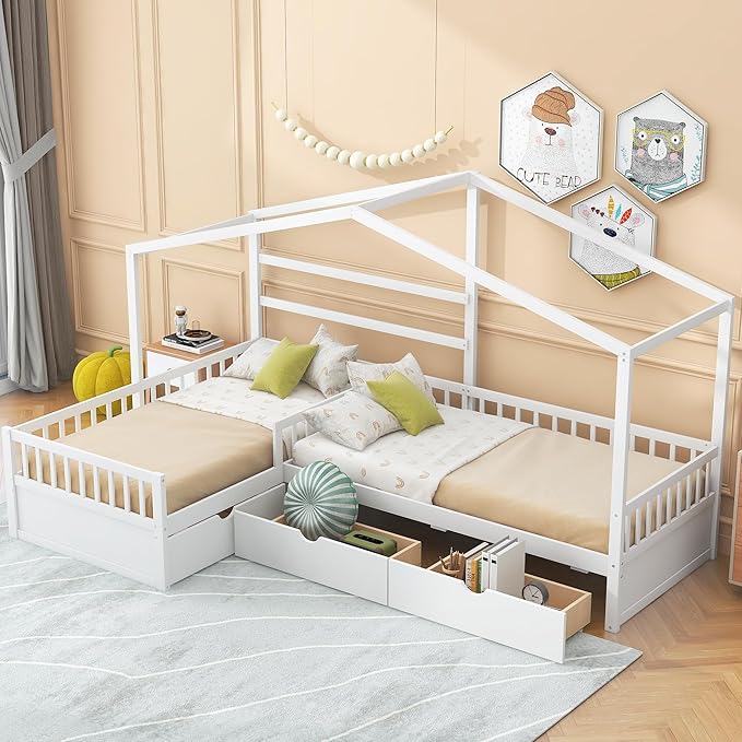 Twin Size House Platform Bed with Three Storage Drawers,Double Shared-Bed,2 in 1 Bed,L-Shaped Platform Bed for Boys Girls Shared Beds,Perfect complement to Any Small Space,White