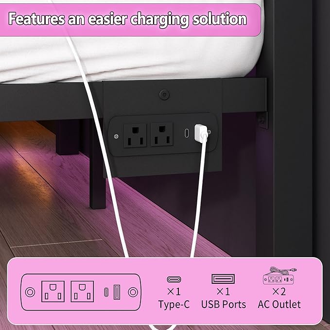 Queen Bed Frame with Headboard and Footboard,Steel Slats Support-LED Bed Frame with USB Charging Station,Mattress Foundation-Under Bed Storage,No Box Spring Needed,Noise Free,Black