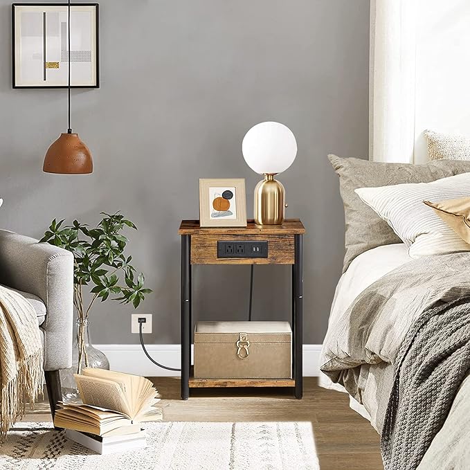 TUTOTAK Nightstand with Charging Station, End Table, Side Table with USB, 21.8”H Night Stand with Storage Shelf, Sofa Couch Table V1TB01BB025 (1 pc)