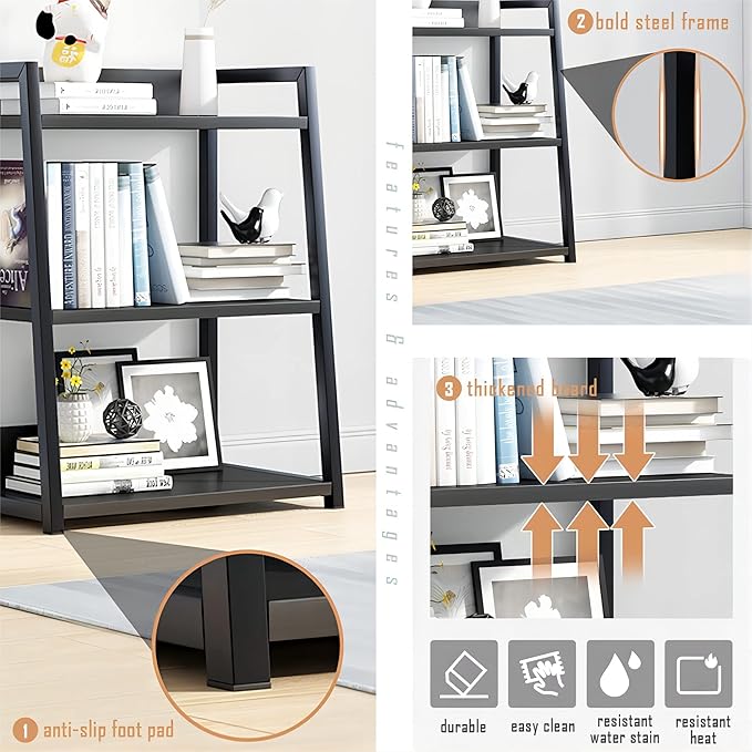 IOTXY 3 Tier Open Bookshelf - Steel and Wood Display Stand, 50CM Width Floor-Standing Bookcase, White
