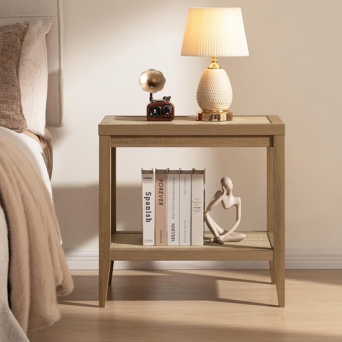 SICOTAS Rattan Night Stand Bedside Table - Farmhouse Boho Narrow End Table for Living Room - Accent Side Table with 2 Rattan Open Storage Shelves for Bedroom, Small Spaces