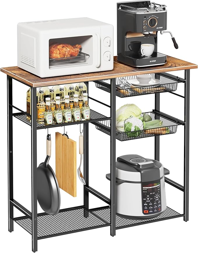 Kitchen Baker’s Rack, Microwave Stand with 2 Mesh Basket, Coffee Bar, 6 S-Shaped Hook, for Kitchen Storage Shelf, Living Room, Rustic Brown and Black