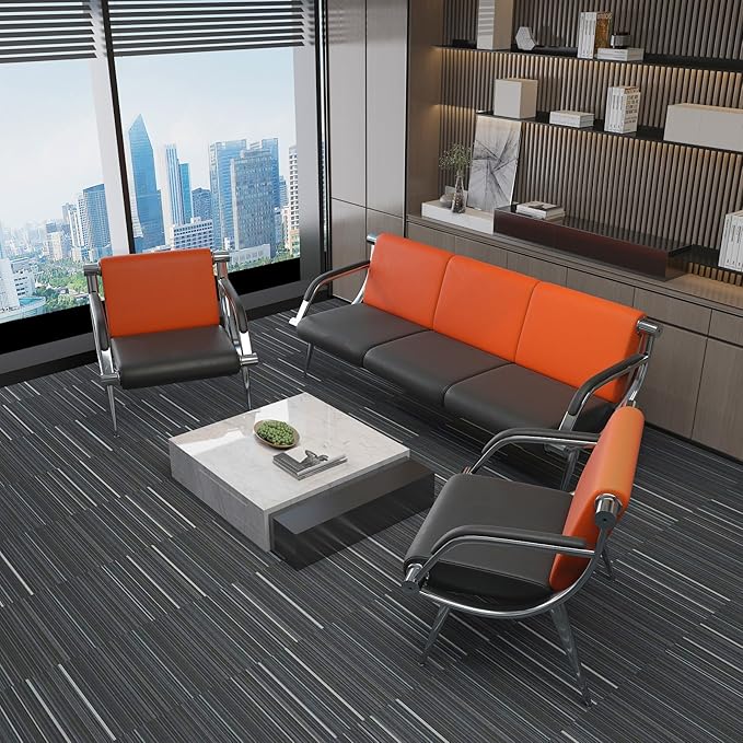 wonline 2Pcs Waiting Room Chair with Armrest PU Leather Office Furniture, Office Guest Seating Lobby Conference Reception Chairs for Airport Clinic Hospital Bank Salon Barber(Orange&Black)