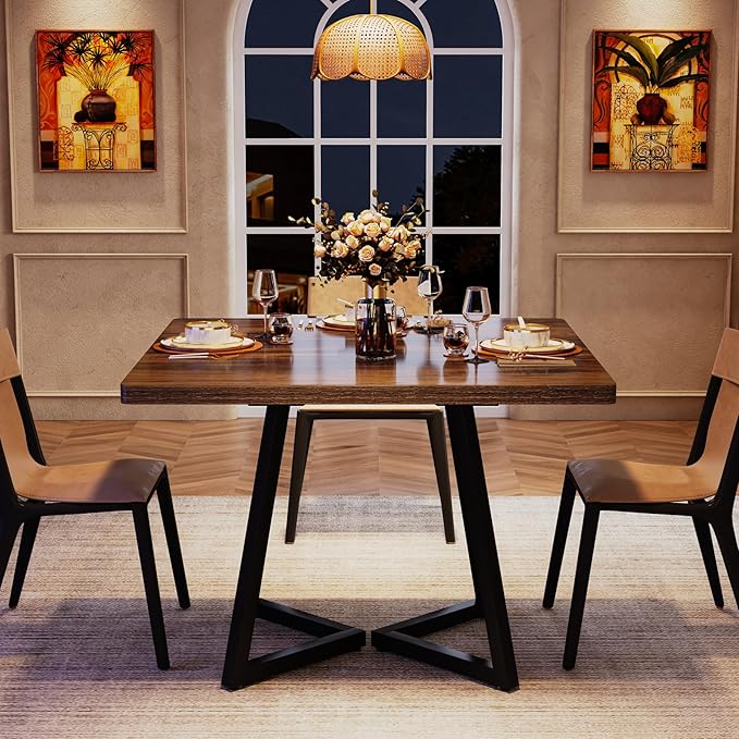 Tribesigns Square Dining Table for 10, 31.5" Industrial Dinner Table with Metal Base, Kitchen Table for Dining Room, Small Space, Apartment, Rustic Brown & Black