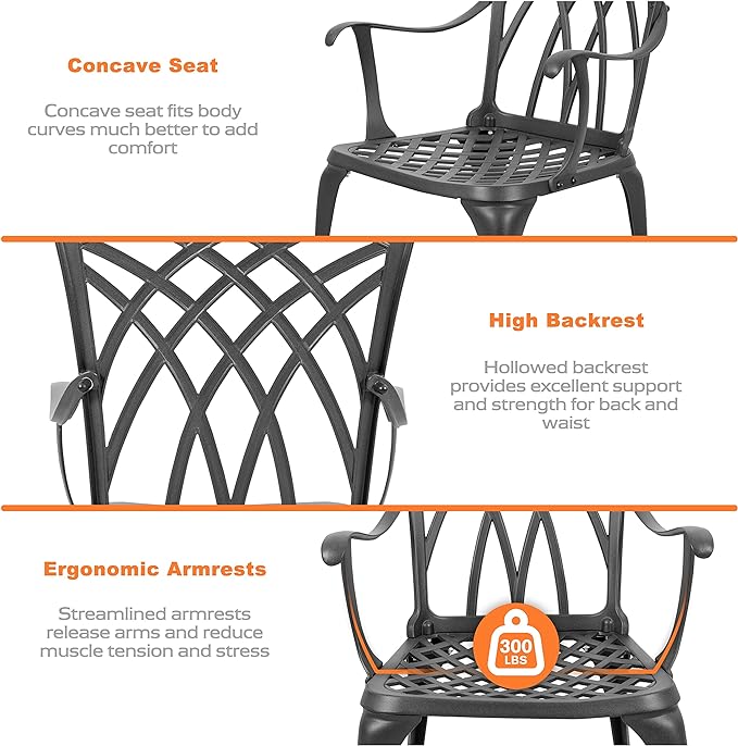 NUU GARDEN Patio Bistro Sets 3 Piece Cast Aluminum Bistro Table and Chairs Set with Umbrella Hole Bistro Set of 2 for Patio Backyard, Black