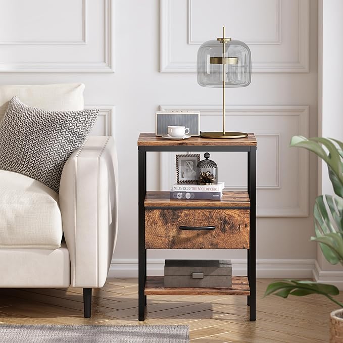 SUPERJARE Nightstand Set of 2, Bed Side Tables with Charging Station, Adjustable Fabric Drawer, Night Stand for Bedroom, 3-Tier Storage End Tables, for Living Room, Rustic Brown