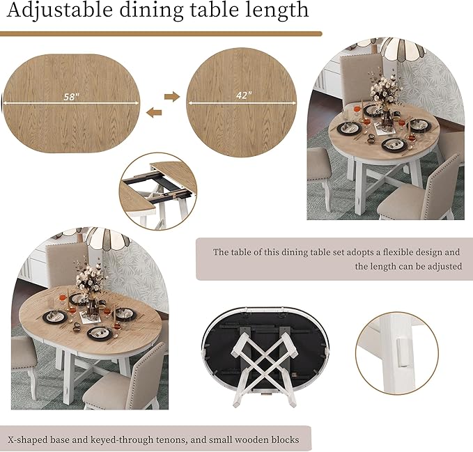 Merax 5-Piece Farmhouse Dining Furniture Set, Wooden Round Extendable Table, and 4 Upholstered Chairs, Antique White