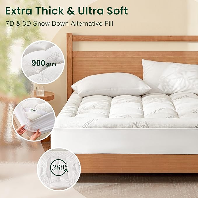 Love's cabin Twin Mattress Topper, Rayon Derived from Bamboo, 900 GSM Breathable Mattress Topper Pad, Thick Pillow Top Mattress Pad Stretches up with 8"-20" Deep Pocket(39"x75")