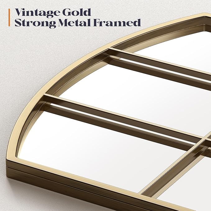 Wide Window Pane Mirror, 28" x 32" Gold Arched Mirrors for Wall, Brass Grid Wall Large Decorative Mirror for Living Room Bedroom Farmhouse Fireplace Hallway Entryway