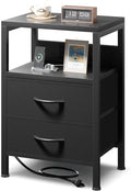 NightStand Bedside Charging Table Bedroom - Night Stand with Charger Station, Modern Nightstand with Open Shelf & 2 Fabric Drawers, Bed Side Table with USB-C USB Ports & AC Outlets for Dorm, Black