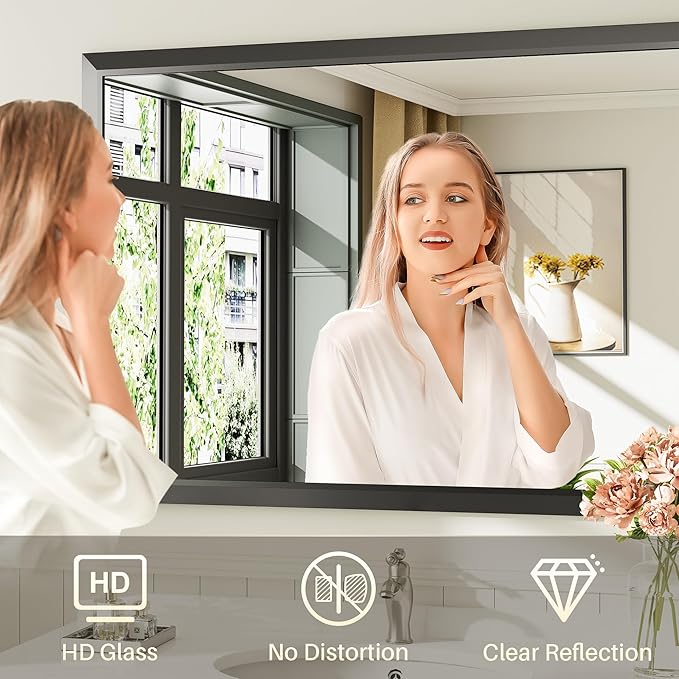 36x36 Inch Black Bathroom Mirror for Wall, Thick Metal Framed Rectangle Mirrors for Over Sink, Bedroom, Living Room, Entryway, Anti-Rust, HD Tempered Glass