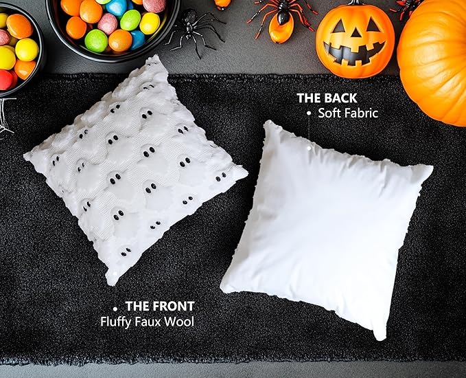 4TH Emotion Halloween Ghost Decorative Pillow Covers 16x16 Set of 2, White Soft Plush Faux Fur Farmhouse Throw Cushion Cases for Fall Autumn Holiday Home Decorations