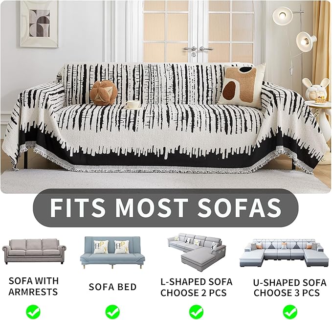 HAOMAIJIA Boho Sofa Covers Couch Covers for 2 Cushion Couch Sofa Pet Friendly Soft Thick Non Slip Couch Cover for Dogs Washable Sectional Couch Covers L Shape Furniture Protecto (XF-Black, 71"x102")
