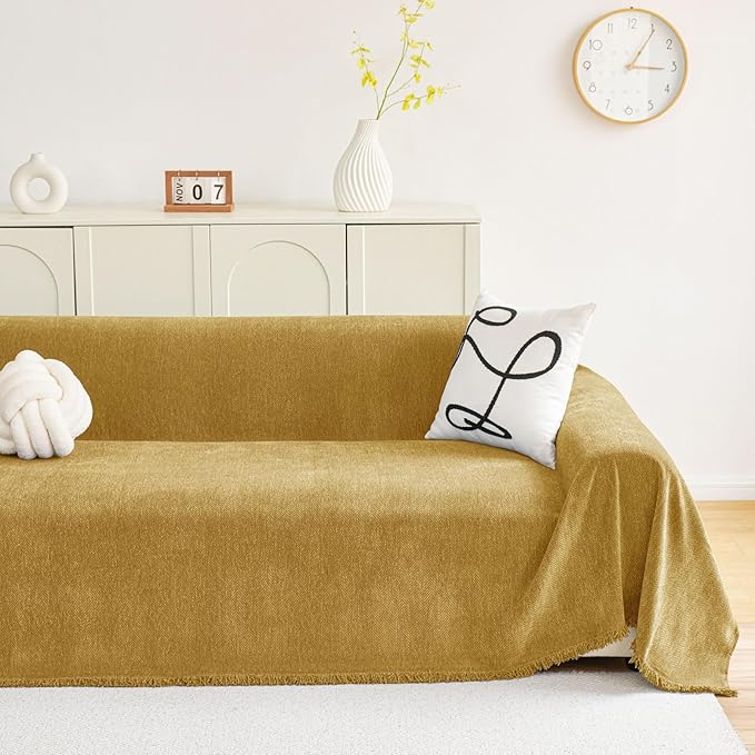 hyha Couch Cover for Dogs, Boho Sofa Covers for 3 Cushion Couch Washable, Chenille Sofa Slipcover for Pets, Soft Loveseat Sectional Couch Throw Blankets with Tassels (Yellow, 71x134 Inch)