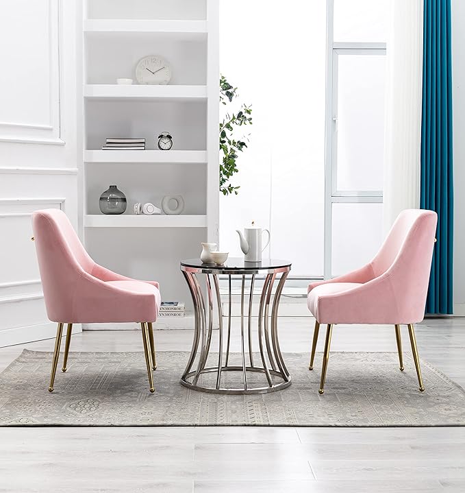 Velvet Dining Chairs, Furniture Collection Modern Contemporary Upholstered with Polished Gold Metal Legs, Set of 4(Pink)