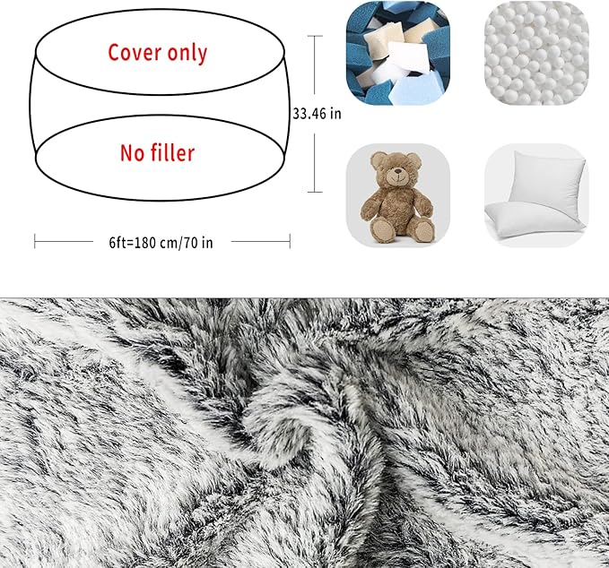 (No Filler) Bean Bag Chair Cover Without Filler,Big Round Soft Fluffy PV Velvet Washable Bean Bag Lazy Sofa Bed Cover for Adults,Living Room Bedroom Furniture Outside,6ft Dark Grey